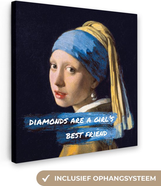 Oude Meesters Canvas - 90x90 - Canvas Schilderij - Vermeer - Meisje met de parel - Quote