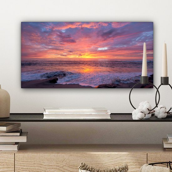 Toile Peinture Plage - Mer - Coucher de Soleil - 40x20 cm - Décoration murale
