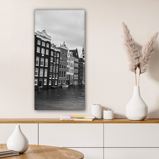 Canvas Schilderij Amsterdamse grachten zwart-wit fotoprint - 40x80 cm - Wanddecoratie