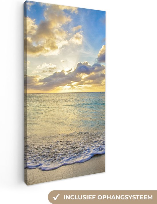 Canvas schilderij strand - Kust - Zee - Zon - Wolken - Wanddecoratie woonkamer - Kamer decoratie - Canvasdoek - Foto op canvas - 40x80 cm - Muurdecoratie - Schilderijen op canvas