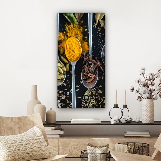 Canvas Schilderij Lepel - Specerijen - Kruiden - Eten - Tafel - 40x80 cm - Wanddecoratie