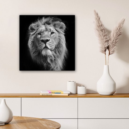 Toile Peinture Lion - Portrait - Zwart - Wit - 50x50 cm - Décoration murale