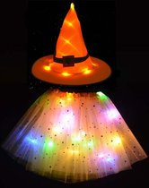 Halloween Kostuum Meisjes Met LED Lichtjes - Lichtgevend Rokje en Heksenhoed - Oranje - Koningsdag