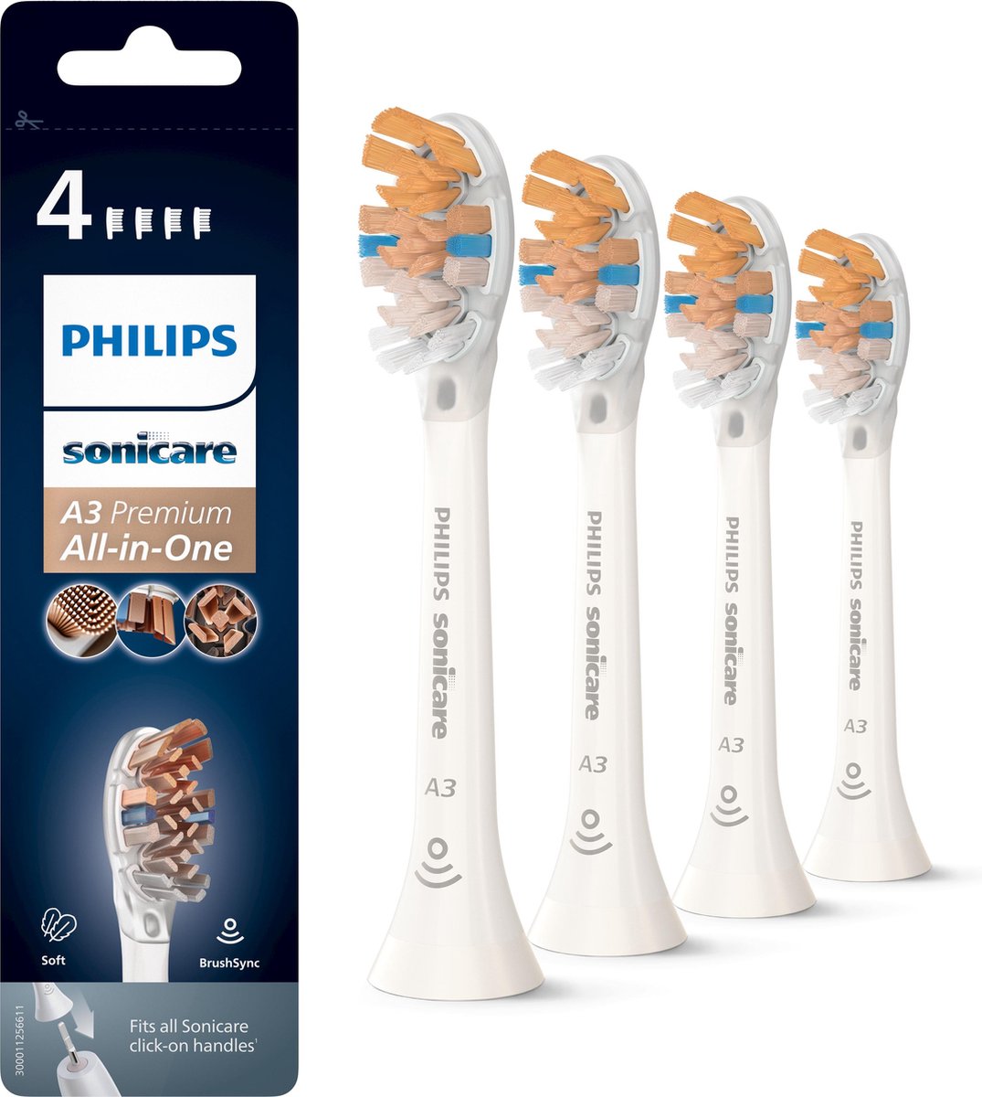 Bol.com Philips Sonicare A3 Premium All-in-One - Opzetborstels - 4 stuks - Wit - HX9094/10 aanbieding