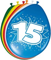 Ballonnen 15 jaar - 8x stuks - gekleurd - 30 cm - versiering - 15e verjaardag - leeftijd feestballonnen
