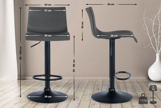 Tabouret de bar CLP Branford - Avec dossier - Avec repose-pieds - Structure en métal - Plastique gris