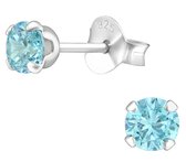 Joy|S - Zilveren ronde oorbellen - 4 mm - aqua blauw - oorknoppen - zirkonia - kinderoorbellen