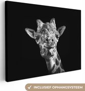 Canvas schilderij 160x120 cm - Wanddecoratie Giraffe - Dier - Zwart - Wit - Muurdecoratie woonkamer - Slaapkamer decoratie - Kamer accessoires - Schilderijen
