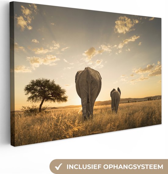 Toile de savanne éléphant et veau 60x40 cm - Tirage photo sur toile (Décoration murale salon / chambre) / Peintures sur toile Animaux