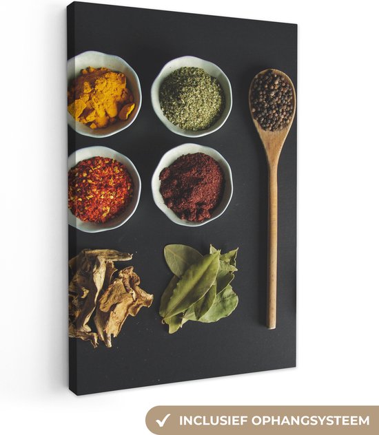 Peinture sur toile Louche - Épices - Herbes - Vert - Marron - Rustique - 40x60 cm - Décoration murale