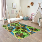 Carpet Studio Dino Speelkleed - Speelmat 140x200cm - Vloerkleed Kinderkamer - Anti-slip Speeltapijt - Verkeerskleed - Groen/Grijs