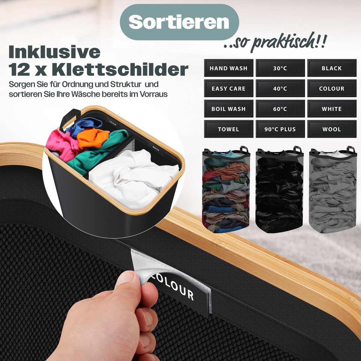 DOKEHOM Panier à Linge 100L Pliable - Avec Sacs Amovibles Et Couvercle, Pour Buanderie Ou Chambre (Noir)