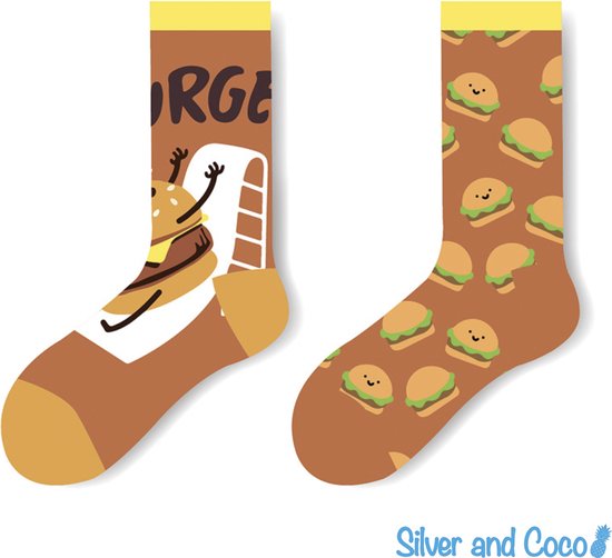 Foto: Silverandcoco gekke vrolijke foute sokken leuke grappige dikke warme huissokken dames heren kerstcadeau pakket thermosokken katoen wintersokken mannen en vrouwen socks sinterklaas schoen kerst cadeautje fast food hamburger