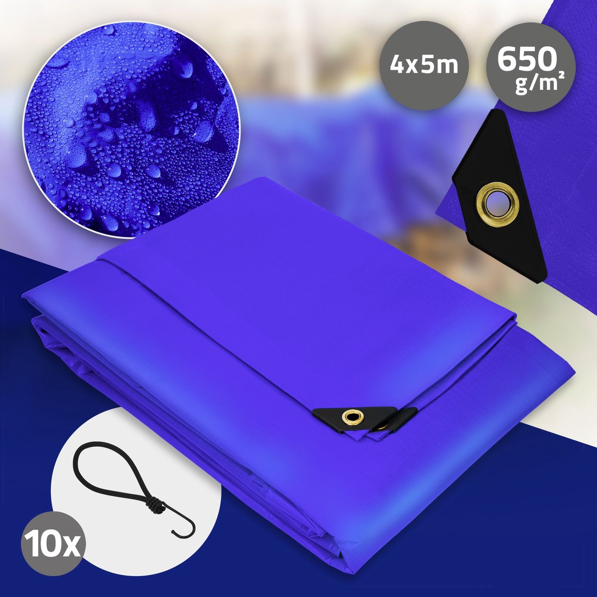 Dekzeil Stoffen dekzeil met ogen 4x5 m 650g/m² in blauw PVC incl. 10 elastische banden