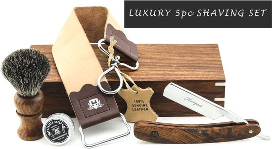 Haryali London Luxe Scheerset – 5-delige scheermesset met houten geschenkdoos, scheerkwast, leren strop en slijppasta – Traditioneel nat scheren voor mannen