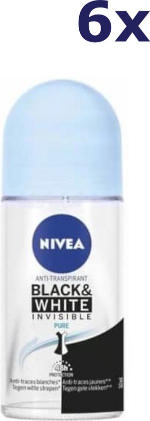 NIVEA Invisible For Black & White Pure - 6 x 50 ml - Voordeelverpakking - Deodorant Roller - NIVEA