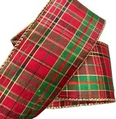 Kerst Lint met IJzerdraad | Geruit Lint Gingham | Weefband 63mm (6,3cm) | Rood Goud Donkergroen Glans Ruiten | Kerstlint Ruitjes Kleine Plaid | Stoffen Lint | Cadeaulint | Decoratielint | Lengte: 3 Meter