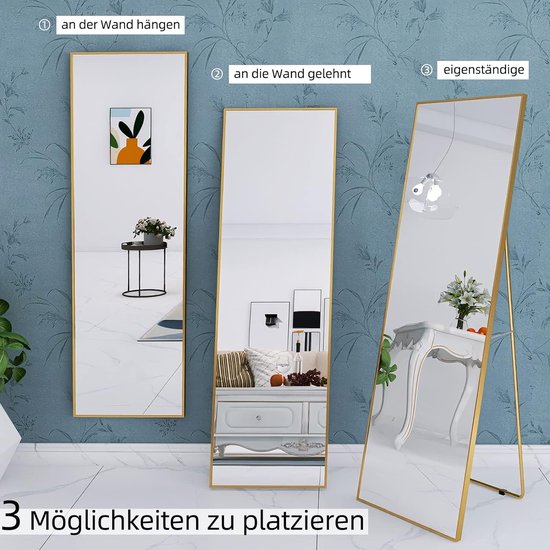 Staande spiegel met koper metalen frame 140x40cm HD grote full-body spiegel met haak voor woonkamer of kleedkamer (goud)