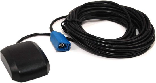 Zwarte GPS-antenne met blauwe connector en een zwarte kabel, geschikt voor navigatiesystemen zoals Discover Pro Media.