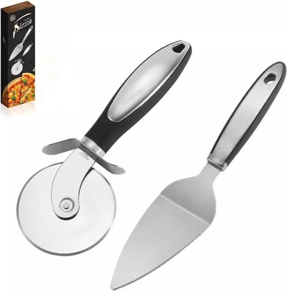 Pizza Cutter 2 Pieces Pizza Wheel Stainless Steel Pizza Cutter Wheel Knife Spatula Round Black Pizza Knife and Pizza Spatula Set for Pizza Pies Dough Fudge
