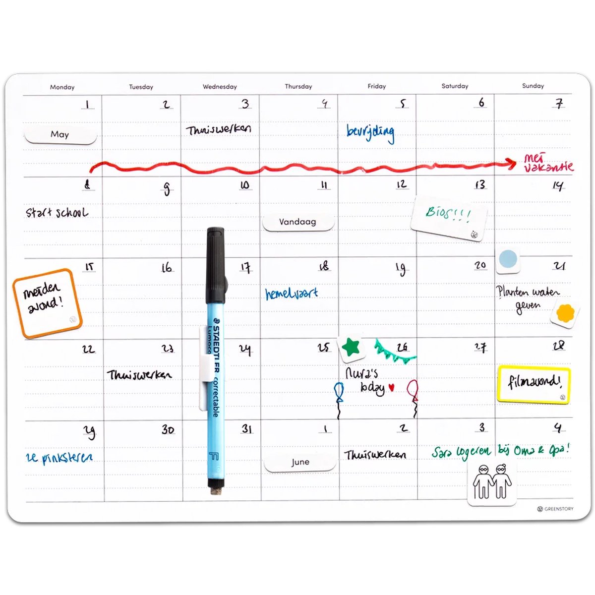 GreenStory - School Agenda Maandoverzicht - Sticky Whiteboard - Medium - met Sticky Pen