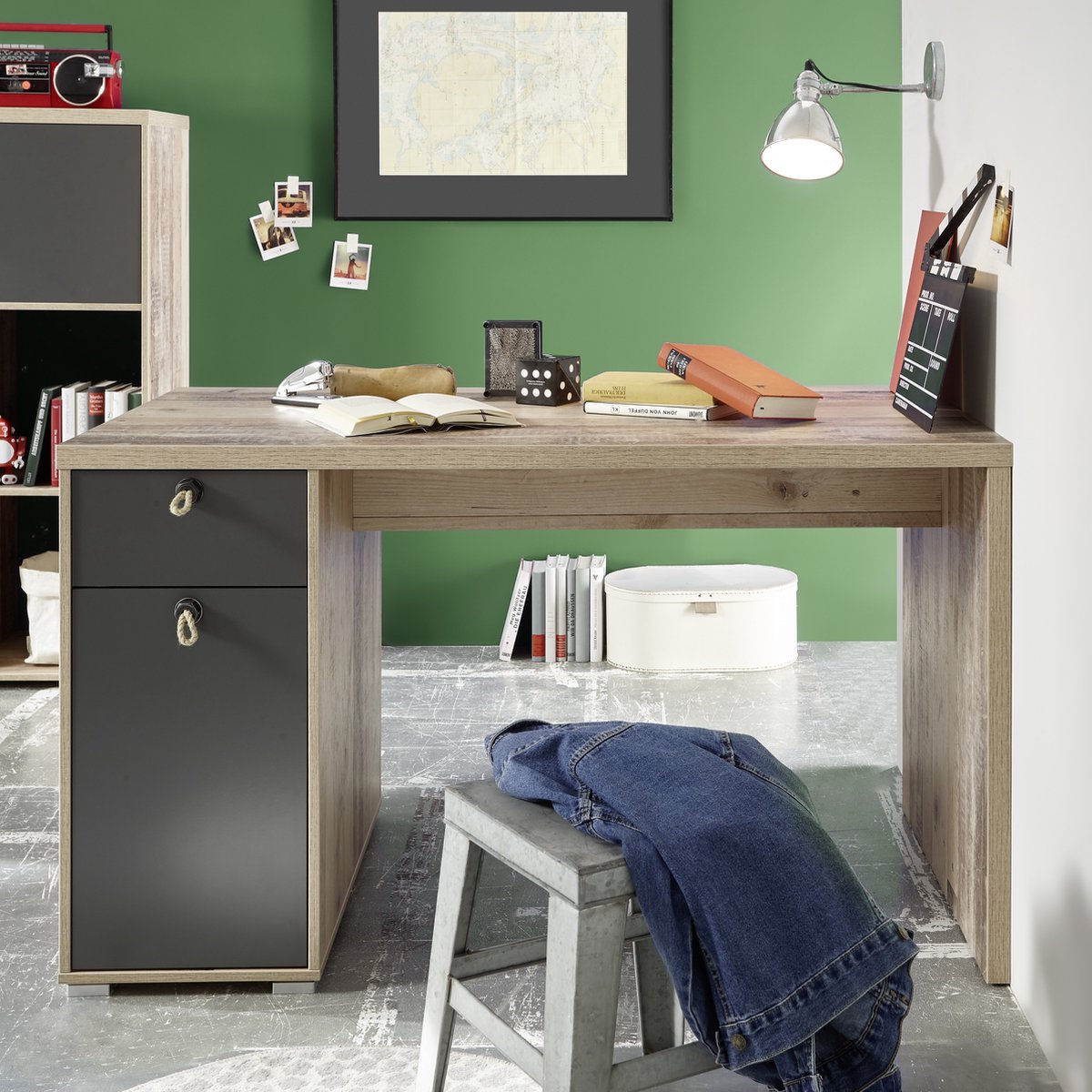Bureau Moleskin 130 Cm Met 1 Deur & 1 Lade - Antraciet/old Style - Emob - Bureau - Bruin; Antraciet - Spaanplaat