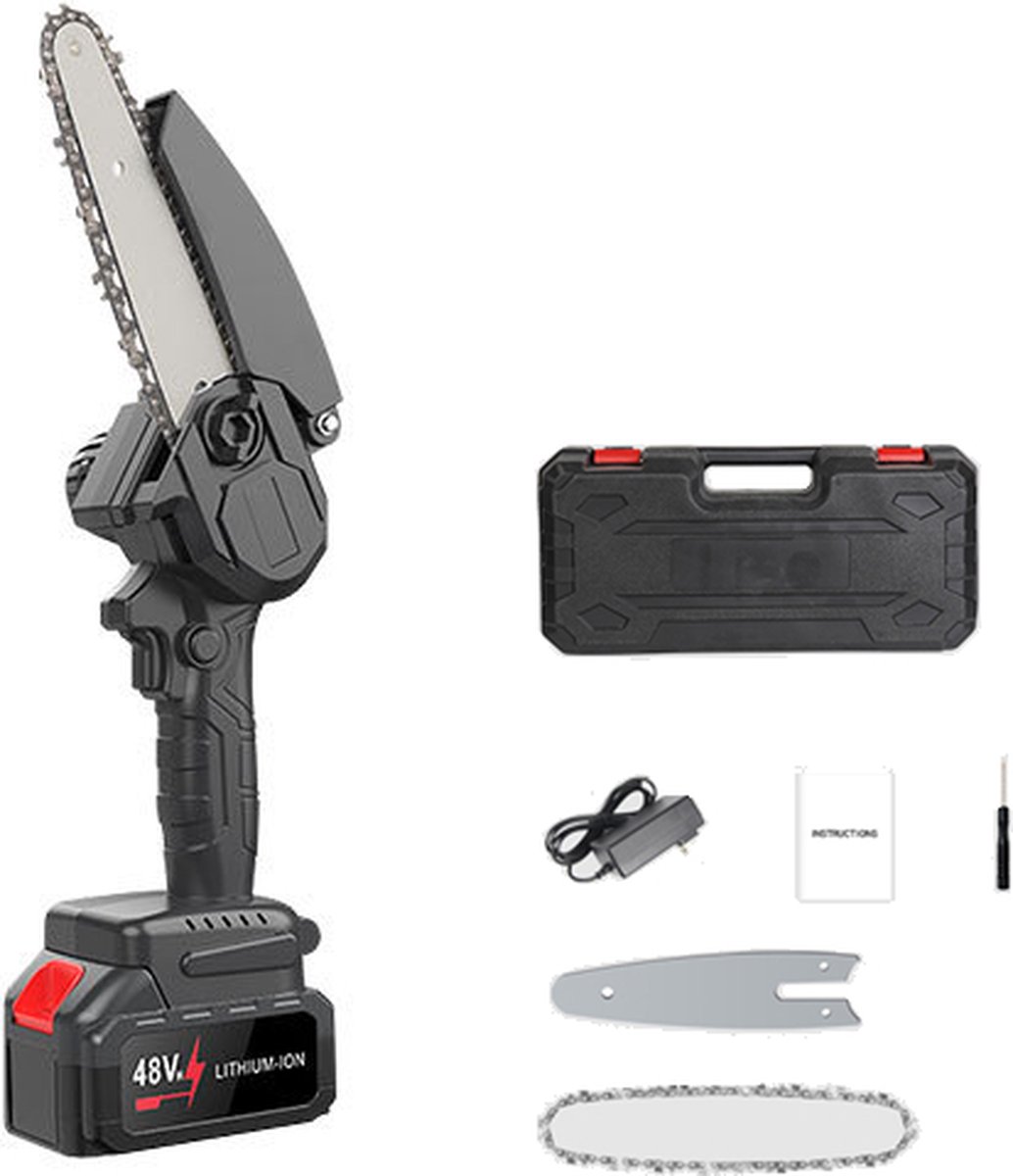 Mini Accu Kettingzaag - 48V - Krachtige Snoeizaag - Tuinieren - Handkettingzaag - Elektrische Snoeischaar - Inclusief Accu, Ketting en Opbergkoffer - Zwart