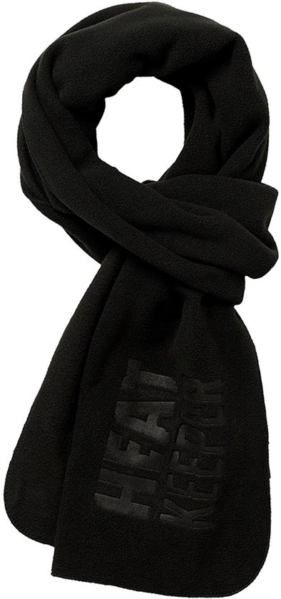 Zwarte Heat Keeper fleece sjaal, geknoopt, met logo.