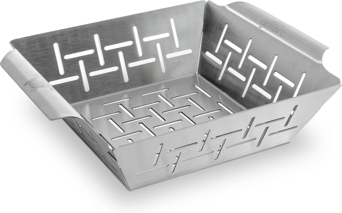 Premium grillmand van roestvrij staal als groentemand vismand en grillschaal te gebruiken universeel inzetbaar en bijzonder duurzame grillpan voor de barbecue het ideale barbecue-accessoire