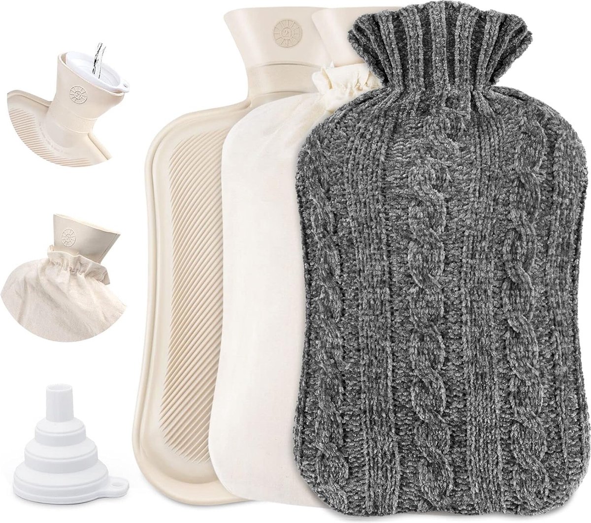 Zachte Premium Pluizige Warmtefles - 2 Liter Groot - Natuurlijk Rubber - Bedfles met Watertrechter - Hot Waterfles voor Volwassenen en Kinderen - Winterverwarming - Grijs