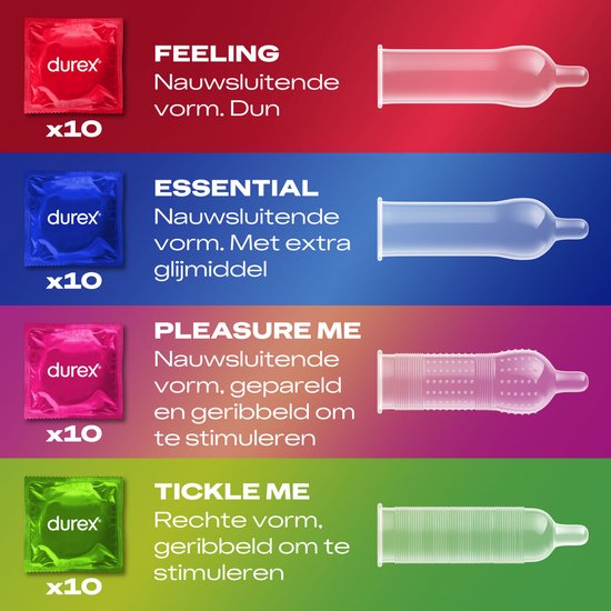 Vier rijen met elk een individueel verpakt Durex condoom (rood, blauw, roze, groen) met een uitgerold condoom ernaast.