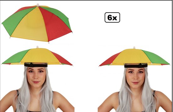 6x Paraplu hoofd rood/geel/groen - Hoofdparaplu - Carnaval thema feest regen feest optocht evenement fun