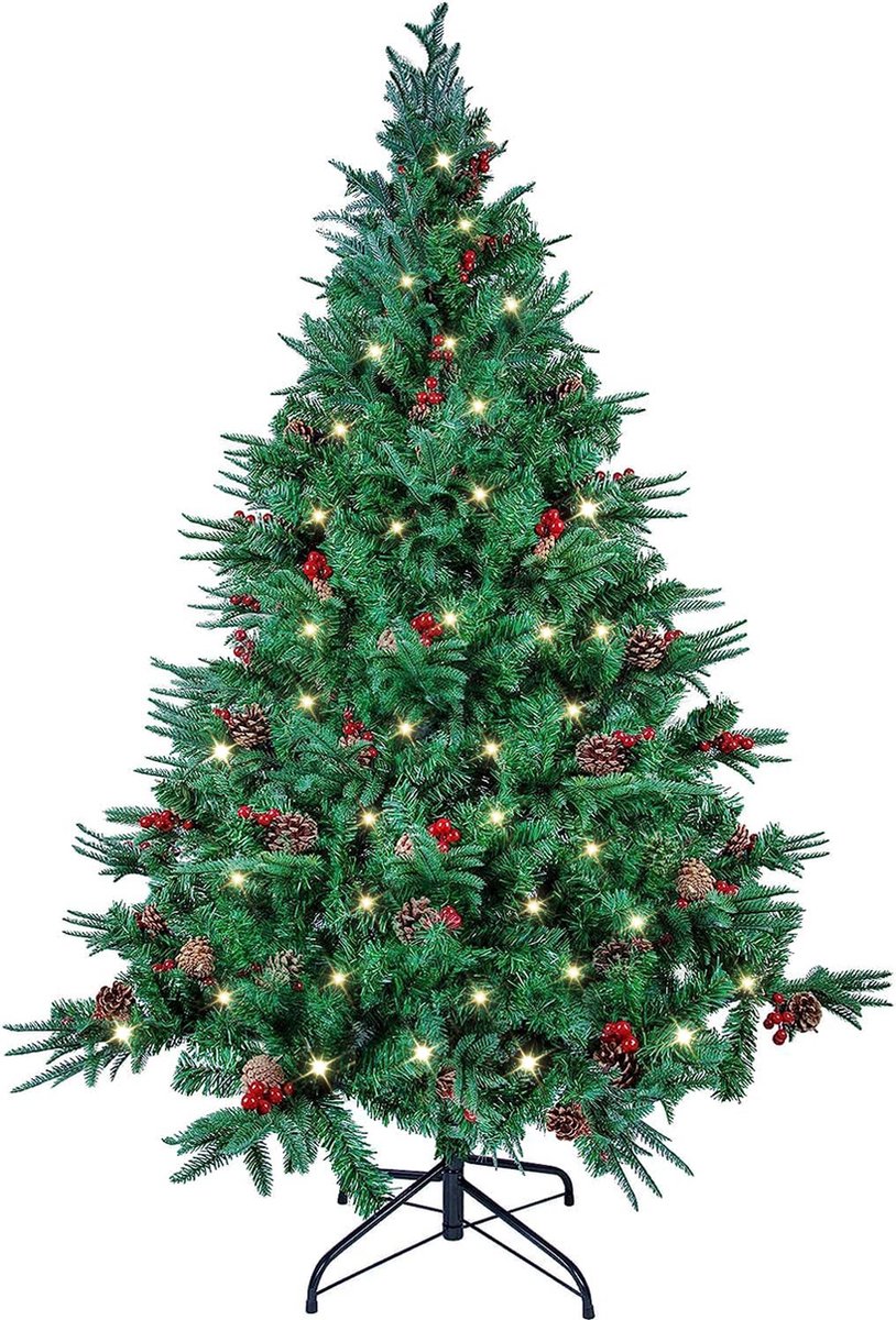 Uten Luxe Uitvoering Kunstkerstboom - Met 200 LED Verlichting - 39 Dennenappels En 39 Rode Besjes - 450takken - 150cm Hoog - Groen