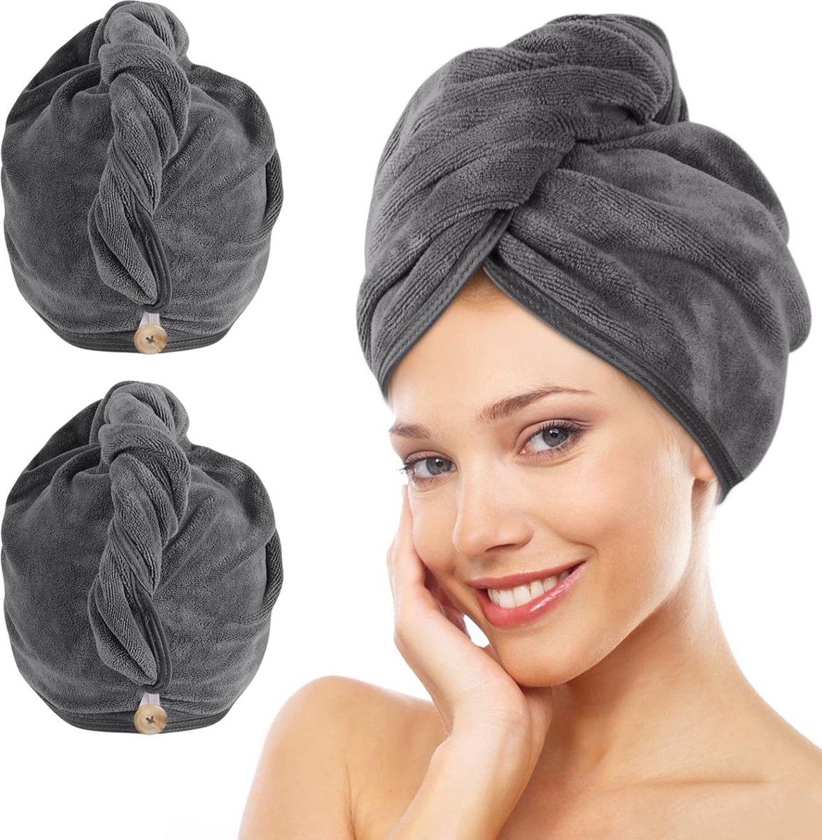 Handdoek met knoop XL microvezel haartulband voor het haar sneldrogende haarhanddoek super absorberend en zacht voor lang en dicht haar 30cmx70cm 2 stuks grijs