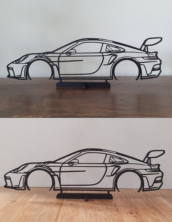 Tableau mural design Olivios Porsche GT3 silhouette standard en MDF noir de 4 mm d'épaisseur 35x11,5 cm Conception et fabrication néerlandaises.