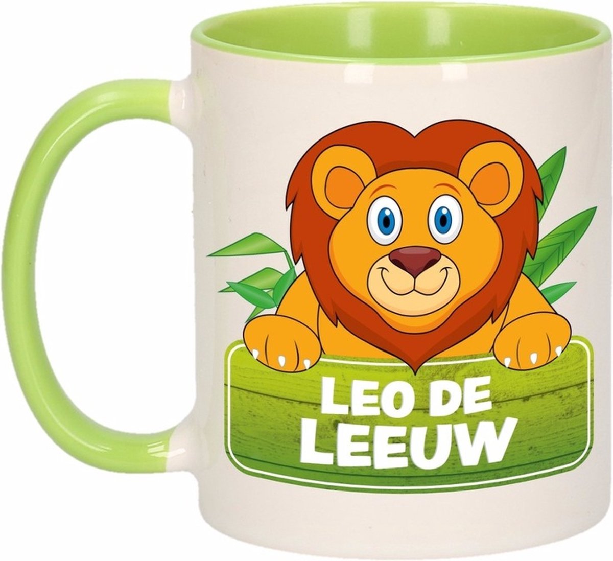 Leo de Leeuw mok - groen/wit - keramiek - 300 ml - kinder beker leeuw