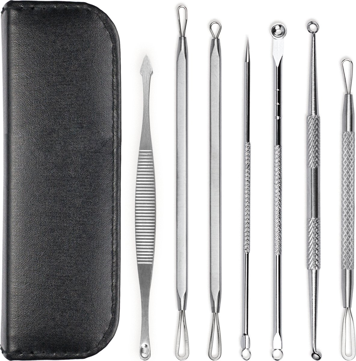 Mee eters verwijderen - Blackhead remover - Acne verwijderen set - Skincare - Gezichtsverzorging - Beauty - 7x dubbelzijdige rvs Comedonenlepel - In Luxe Etui