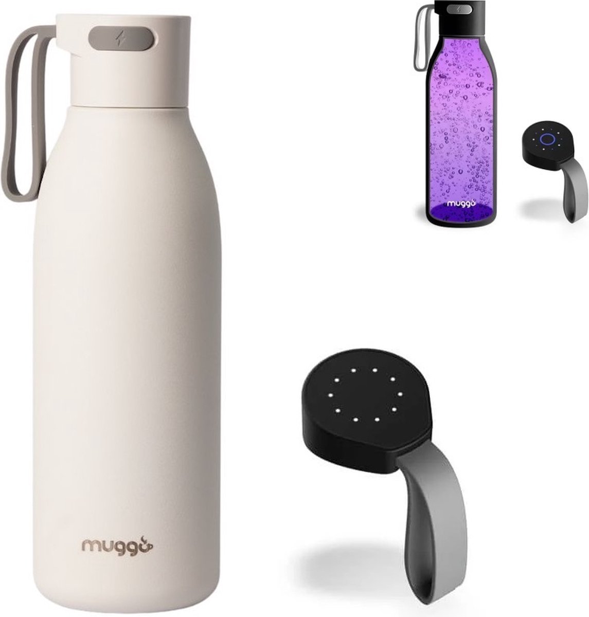 Muggo Pure - Slimme Waterfles - Smart Thermosfles - Drinkfles UV Sterilisatie - Mat Wit Staal - 750ml - LED verlichting - Wit