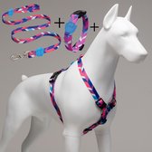 Lindo Dogs - Wandelset van 3 - Hondenriem - halsband hond - Hondenharnas / Hondentuigje - Set van 3 - Pink Dream - Roze/Blauw - S