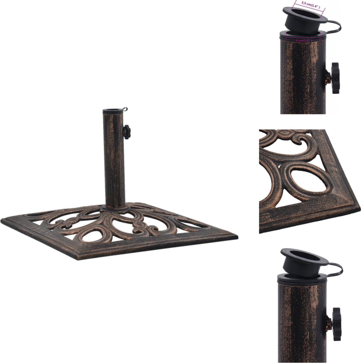 VidaXL Parasolhouder Gietijzer Brons 49 x 49 x 33 cm Adapter voor 35 38 48 mm stangen Parasolvoet
