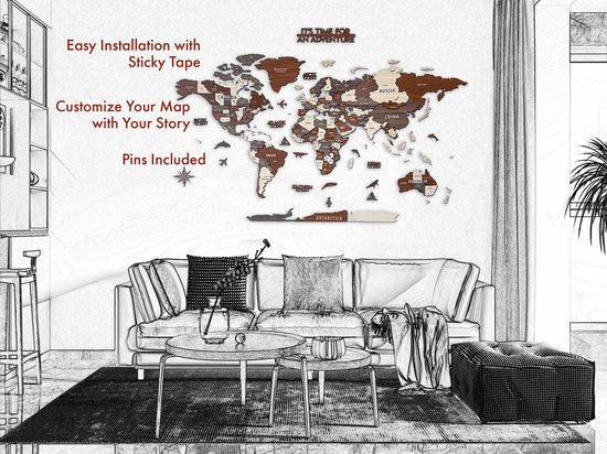 COLORFULL WORLDS - Wanddecoratie - Wereldkaart - Wereldkaart Prikbord - Wereldkaart Wanddecoratie - Houten Wereldkaart - Wereldkaart Hout - Muurdecoratie - Cadeau - Verjaardag Cadeau - Housewarming Cadeau - Mix - Medium - 100x54 CM