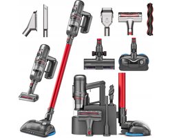 Puppyoo T12 Pro Rinse - Steelstofzuiger - 7 Opzetstukken - Met Dweilfunctie - Rood/Zilver