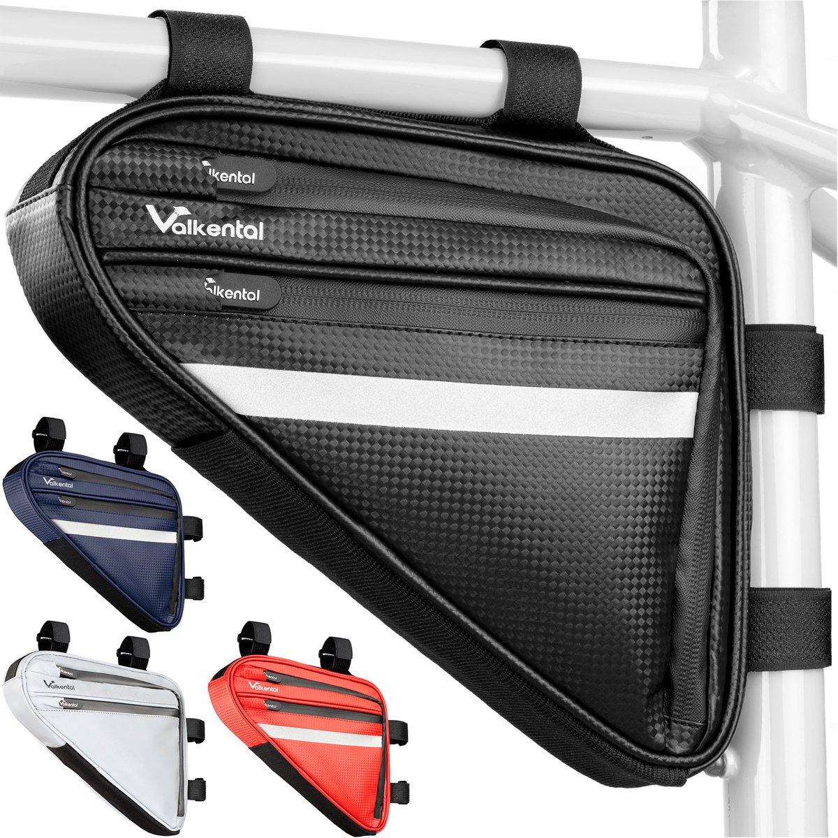 Valkental - Zwart - Waterdichte frametas met veel ruimte - 1,5 l volume - fietstas met reflectoren en praktische vakken