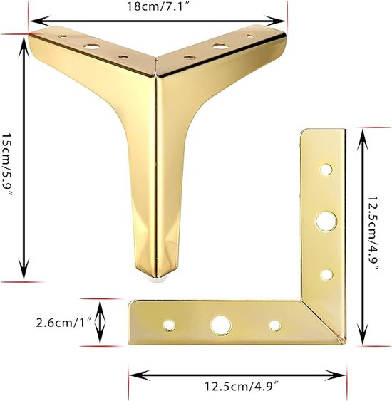 Meubelpoten Goud/Zwart, Tafelpoten Metaal, Diy Meubelvoeten, Schuine Bankpoten, Kastpoten, 4 stuks, Vervangende poten voor Keuken Badkamer 15cm 20cm