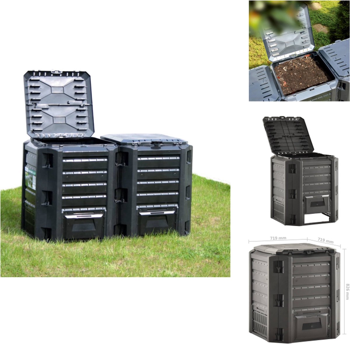 VidaXL Compostbak Weerbestendig Hoge warmteontwikkeling Inhoud 380L Zwart 100% PP Afmetingen 719x719x826mm Montage vereist Compostbak