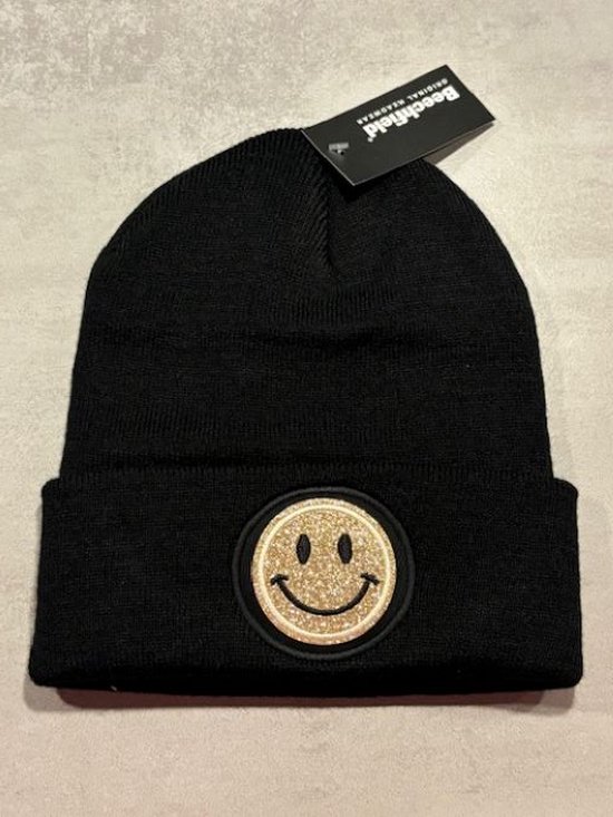 Beanie Smiley Zwart - Glitter Goud