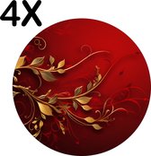 BWK Luxe Ronde Placemat - Goud met Rode Plant op Rode Achtergrond - Set van 4 Placemats - 50x50 cm - 2 mm dik Vinyl - Anti Slip - Afneembaar
