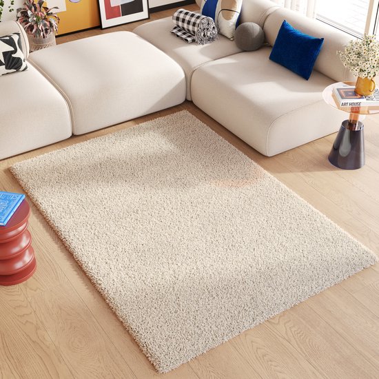 Un tapis shaggy crème à poils longs sur un parquet dans un salon avec canapé blanc.