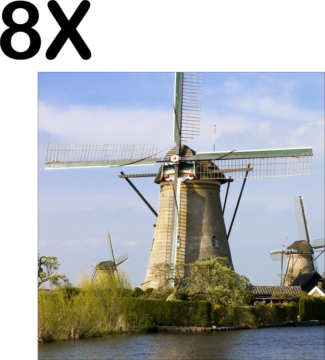 BWK Textiele Placemat - Nederlandse Molens aan het Water - Set van 8 Placemats - 40x40 cm - Polyester Stof - Afneembaar