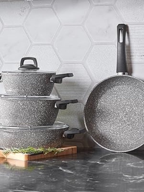 Karaca Gris Bio Granit 7-delige pannenset met anti-aanbaklaag, inductie, pannenset met glazen deksels, kookpannenset, kookpannenset, 3 pannen met glazen deksel 1 pan